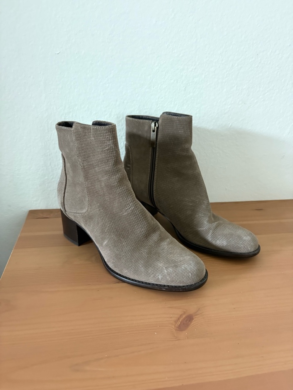 Aquatalia Taupe Suede Ankle Booties with Block Heel
